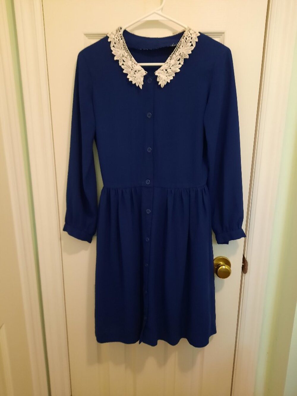 Navy Blue Button Down 100% Polyester With White Lace Collar